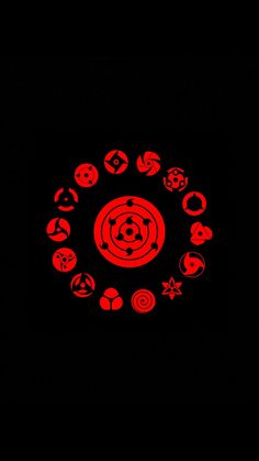 a red circle with many different symbols in the center on a black background that appears to be lit up