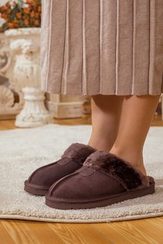 Deliver convenient slip-on comfort to their weekend mornings with these soft suede slippers designed with a cozy wool lining and durable rubber sole for indoor/outdoor use. Pairs perfectly with our chesterfield knit sweater or snug fleece lounge sets. 0.78'' heel Slip-on 100% leather upper 100% Wool lining Rubber sole Feature: Lightweight, ultra-soft fully woolen lined, anti-skid rubber sole. Comfy Brown Indoor Slippers, Cozy Brown Slippers With Textured Footbed, Brown Indoor Slippers With Cushioned Footbed, Brown Cushioned Indoor Slippers, Super Soft Comfortable Brown Slippers, Comfy Super Soft Brown Slippers, Soft Casual Sheepskin Slippers, Brown Indoor Slippers For Winter, Brown Suede Indoor Slippers