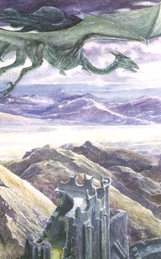 a drawing of a dragon flying over a castle on top of a hill with mountains in the background