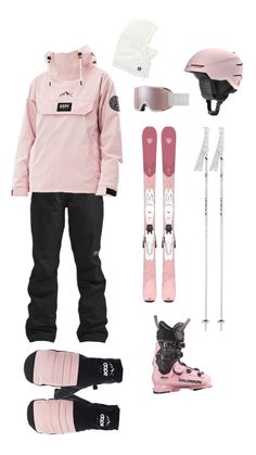 a snowboarder's gear including skis, helmet and gloves