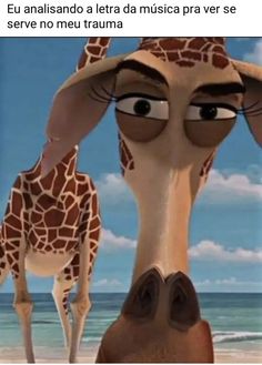 a cartoon giraffe standing on top of a beach next to the ocean