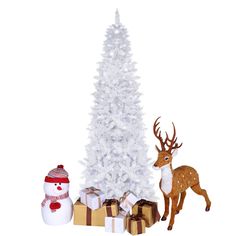 a white christmas tree with presents and a snowman next to it