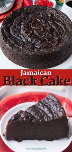 a chocolate cake on a white plate with the words jamaican black cake in red lettering