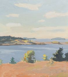 an oil painting of a lake with trees in the foreground