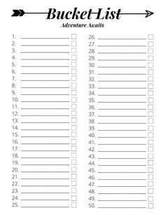 the printable bucket list for adventure awaits is shown in black and white with an arrow