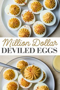 Plate of deviled eggs topped with paprika, with a focus on one egg held by a spoon. Million Dollar Deviled Eggs Recipe, Million Dollar Deviled Eggs, Gourmet Deviled Eggs, Perfect Deviled Eggs, Deviled Eggs Recipe Easy, Deviled Eggs Recipe Classic, Deviled Eggs Easy, Bacon Deviled Eggs, Deviled Eggs Classic