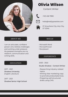 a professional resume template with an image of a woman in black and white on the front