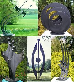 four different types of metal sculptures in various shapes and sizes, including one with flowers