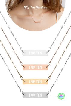 I Love Ten Necklace Sterling Silver Engraved Bar Pendant 16" or 18" Chain in Gold, Rose Gold, Black & White Rhodium Finish | NCT Ten Merchandise Kpop Jewelry for NCTzen Fans Jhope Necklace, Exo Jewelry, Kang Seul-gi, Acrobatic Gymnastics, Bts Jhope, Wendy Red Velvet