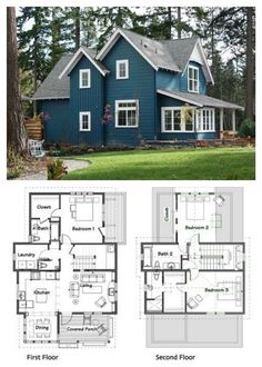 two story house plans with blue siding and white trim