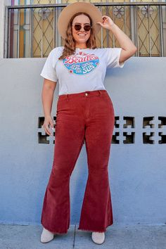 Women's Plus Plus Size Corduroy Flare from YMI 70s Style Plus Size, Plus Size Flare Pants Outfits, Corduroy Bell Bottoms Outfit, High Waist Retro Corduroy Bottoms, Plus Size Flare Pants, Flare Curdory Pants, Modern 70s Outfits, Fitted Flare Corduroy Pants, Womens Corduroy Flare Pants