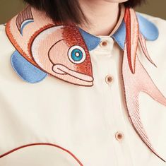 Red nishikigoi embroidery collar blouse – remulia Flower Stall, Embroidered Collars, Shirt Embroidery, Red Fish, Red Blouses, Fashion Drawing, Fantasy World