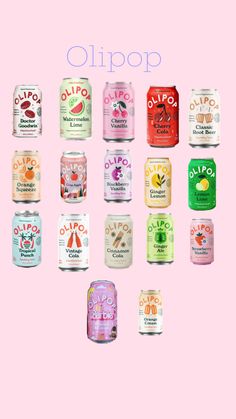 a pink background with many different types of beverages on it and the words ollipop above them