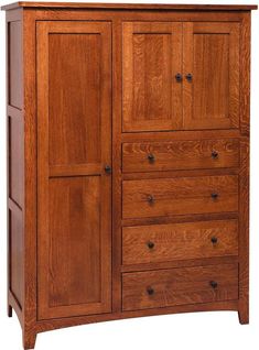 a wooden armoire with drawers and doors