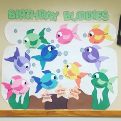 a birthday bulletin board with fish and bubbles on it's side, along with the words happy birthday buddies