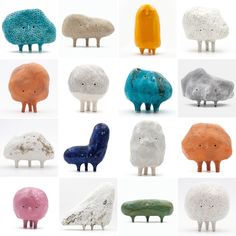 twelve different colored sheep standing next to each other on a white surface with black dots