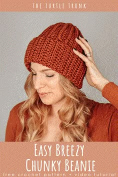 a woman wearing a knitted beanie with text overlay that reads, easy breezy chunky beanie