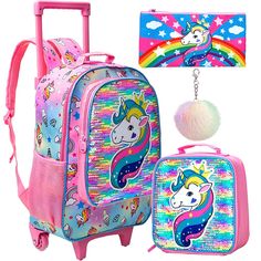 Kids Rolling Backpack, Roller Backpacks, Box Pencil Case, Pink Lunch Bag, Mermaid Accessories, Sequin Material, Unicorn Backpack, Kids School Backpack