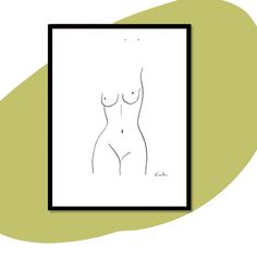 a black and white drawing of a woman's body in a square frame on a green background