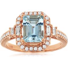 Royal 14K Rose Gold Aquamarine & Diamond Halo Ring with Baguette Accents - 2.4 Carat Total Gem Weight Diamond Rings Design, Bridal Diamond Jewellery, Diamond Birthstone, Diamond Halo Ring, Jewelry Appraisal, Baguette Diamonds, Aquamarine Jewelry, Handcrafted Rings, Royal Jewelry