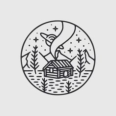 a black and white line drawing of a cabin in the woods with stars above it