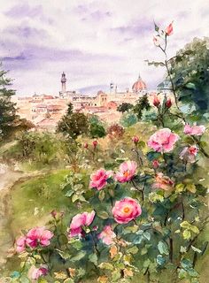 watercolor painting of pink roses in the foreground with buildings and trees in the background