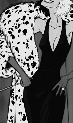 a black and white drawing of a woman in a dress with dalmatian fur