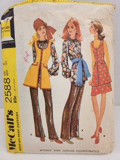 This is a vintage pattern from the 1970s. It is a pants, dress, vest, skirt or top sewing pattern. It is for a size 9 and measures up to a 32 inch bust. The description reads: This lined vest is closed with buttons, and has self fabric loops, flaps, braid or stitch trim. Blouse has back zipper, neck bound with self fabric and elastic at wrists. Skirt and pants have left side zippers. ,     The pattern is uncut, comes with complete instructions, and the original envelope. Wrap Jumper, Bohemian Vests, Tunic And Pants, History Bounding, 1970s Sewing Patterns, Skirt Sewing, Pattern Skirt, Pants Skirt, Skirt Patterns Sewing