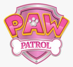 the paw patrol logo is shown in pink and yellow, with a dog's paw on