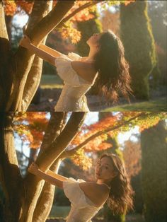 two photos of a woman in white dress leaning up against a tree and posing for the camera