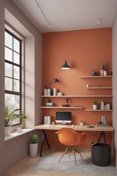 an office with orange walls and wooden shelves