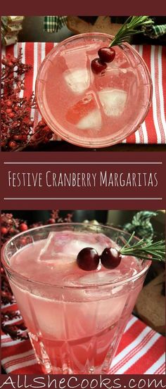 two pictures of cranberry margaritas with ice and cherries on the rim