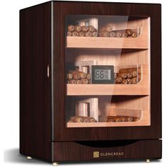 a wooden display case filled with different types of bread