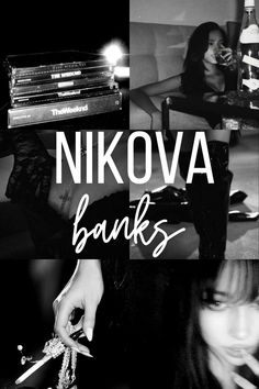 a black and white photo with the words nikova banks