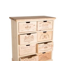 a wooden cabinet with six drawers and wine labels on the front, along with several other items