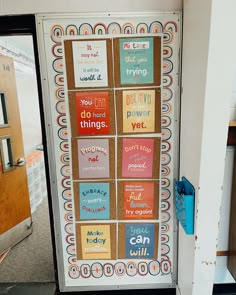 a bulletin board with words on it in front of a door that says, you are not trying to do things yet