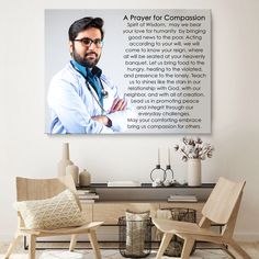 a man with glasses and a stethoscope on his chest is standing in front of a poster that says prayer for composition