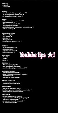 a black background with pink text that says youtube tips