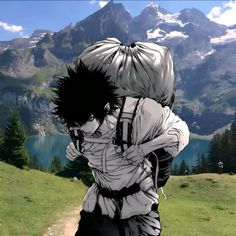 an anime character carrying another character on his back