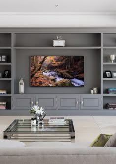 a living room filled with furniture and a flat screen tv mounted on a wall above a fireplace