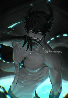 a male anime character with horns on his head and chest, standing in the water