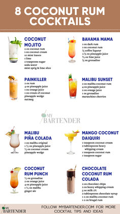 Coconut Rum Cocktails Liquor Recipes Mixed Drinks, Coconut Cocktails Rum, Coconut Rum Cocktail Recipes, Cocktails With Coconut Rum, Coconut Mixed Drinks, Drinks With Coconut Rum, Coconut Rum Drinks Recipes, White Rum Drinks, Rum Based Cocktails