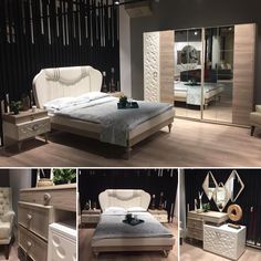 four different views of a bedroom with white furniture and mirrors on the wall, including a bed