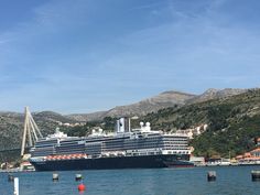 a large cruise ship in the water next to some buildings and trees on a hill