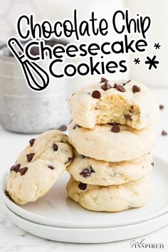 chocolate chip cheesecake cookies stacked on top of each other with the title in the middle