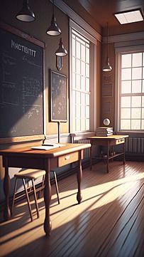 an empty classroom with desks and chalkboard on the wall, in front of two windows