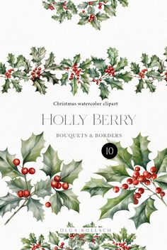 christmas watercolor clipart holly berry bouquets and borders by creativeembellity