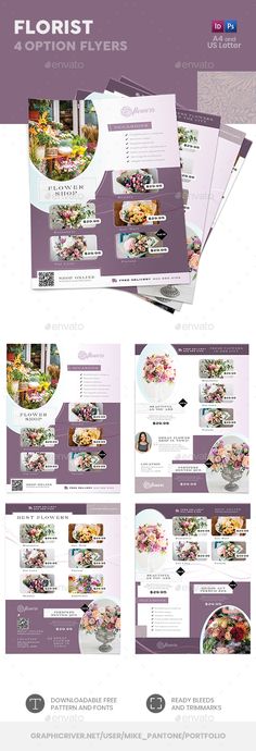 the website design for florist is shown in three different colors and sizes, including purple