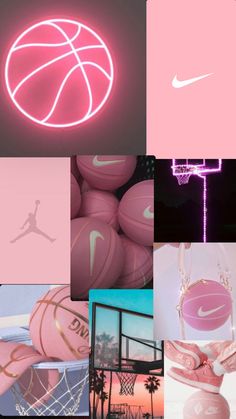 a collage of pink and purple images with basketballs