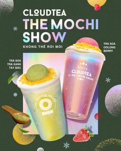 an advertisement for the mochi show featuring two drinks